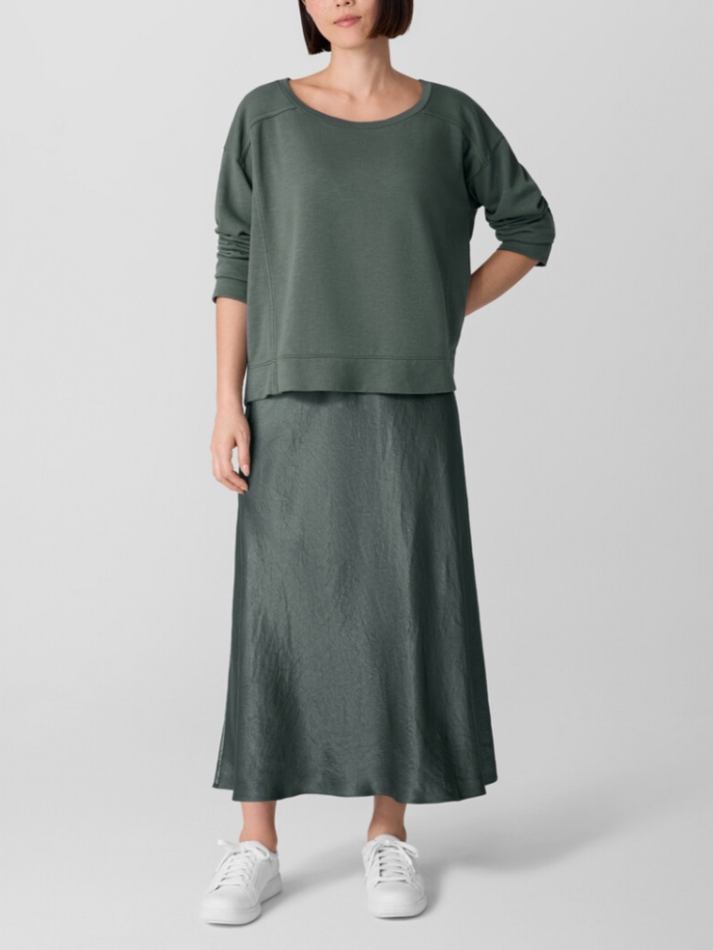 NWT Eileen Fisher Textured Satin Slip Skirt Full Length Easy Fit Size M Green
